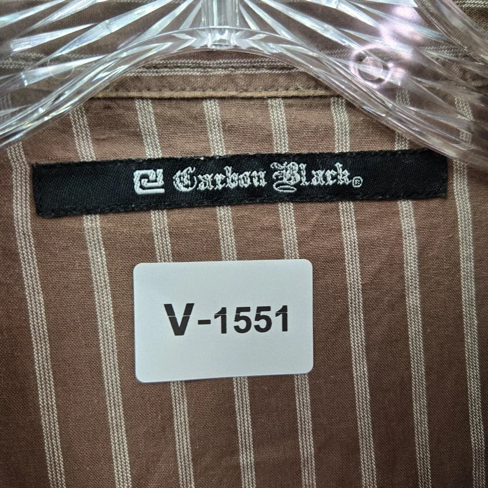 Carbon Black Men‎ Button Up Shirt Large Brown Striped Y2K Grunge Crest Studded